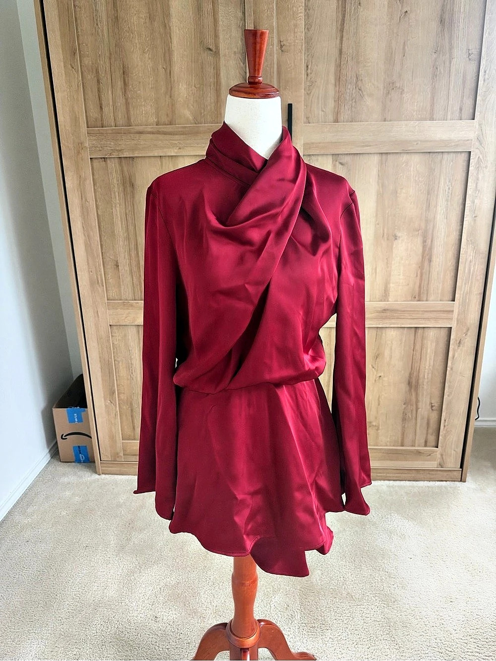 Commense Draped Satin Tie-Neck Mini Dress Red Small